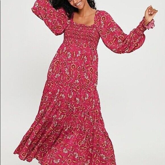 Free People Sweet Escape Smocked Shirred Maxi Dress Size S Boho Pink Floral NEW - Picture 2 of 9